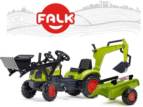 Трактор на педалях с прицепом и ковшами Falk 2040N Claas Arion 410 зеленый