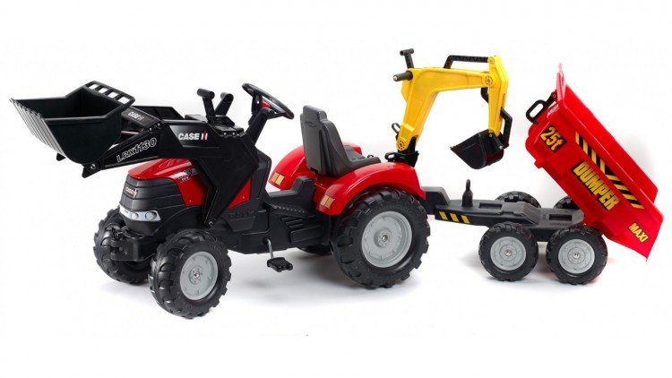 Трактор на педалях с прицепом двумя ковшами 995W CASE IH PUMA красный Falk