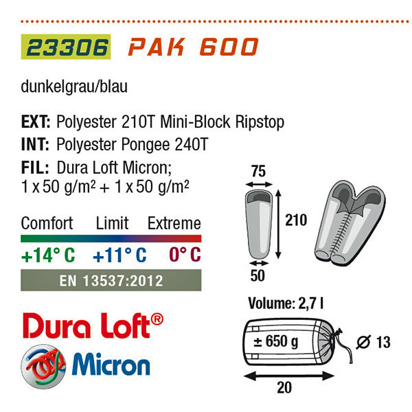 Спальный мешок Pak 600 / +11°C right High Peak